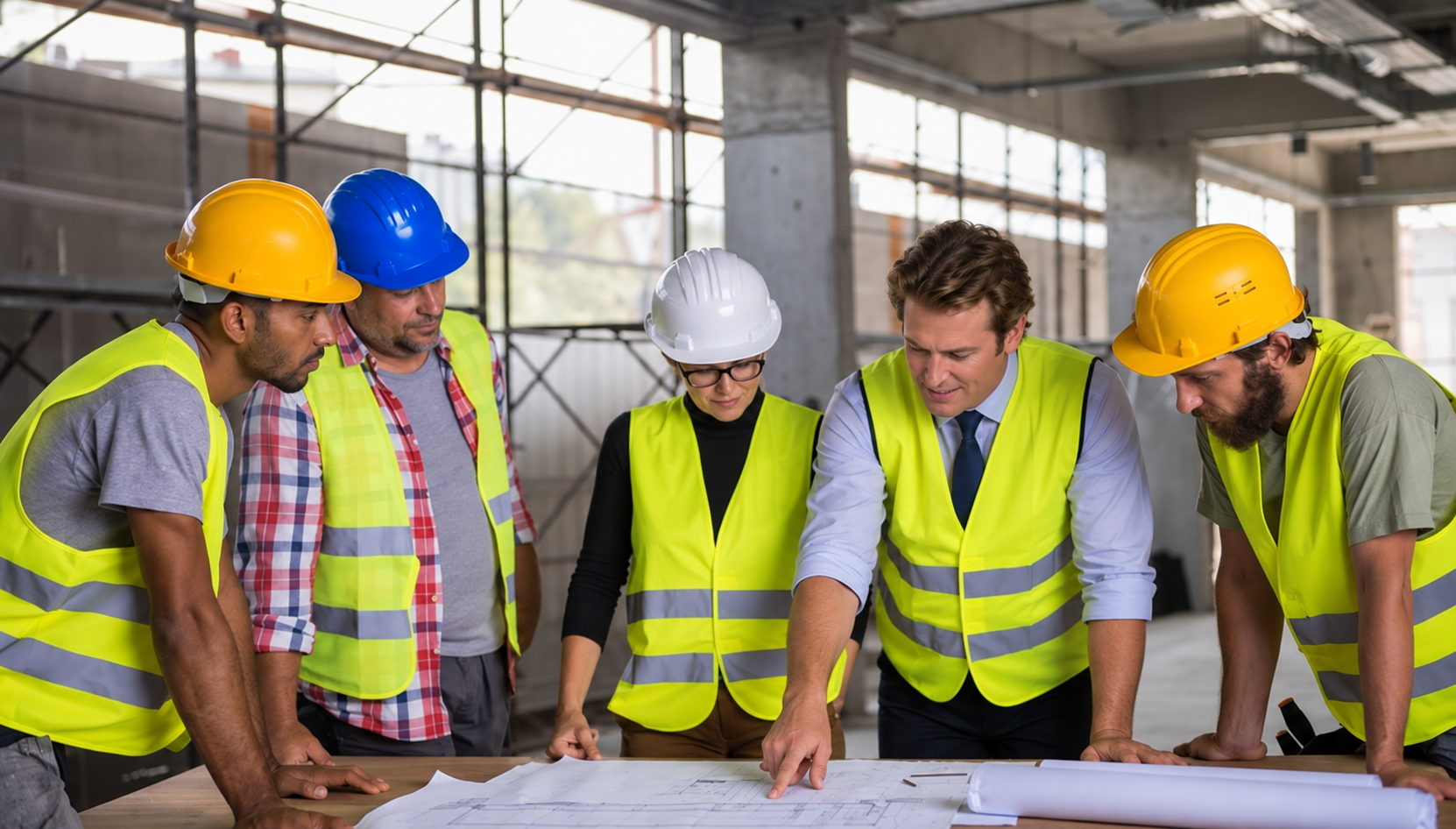 Baubesprechung mit Planunterlagen auf einer Baustelle