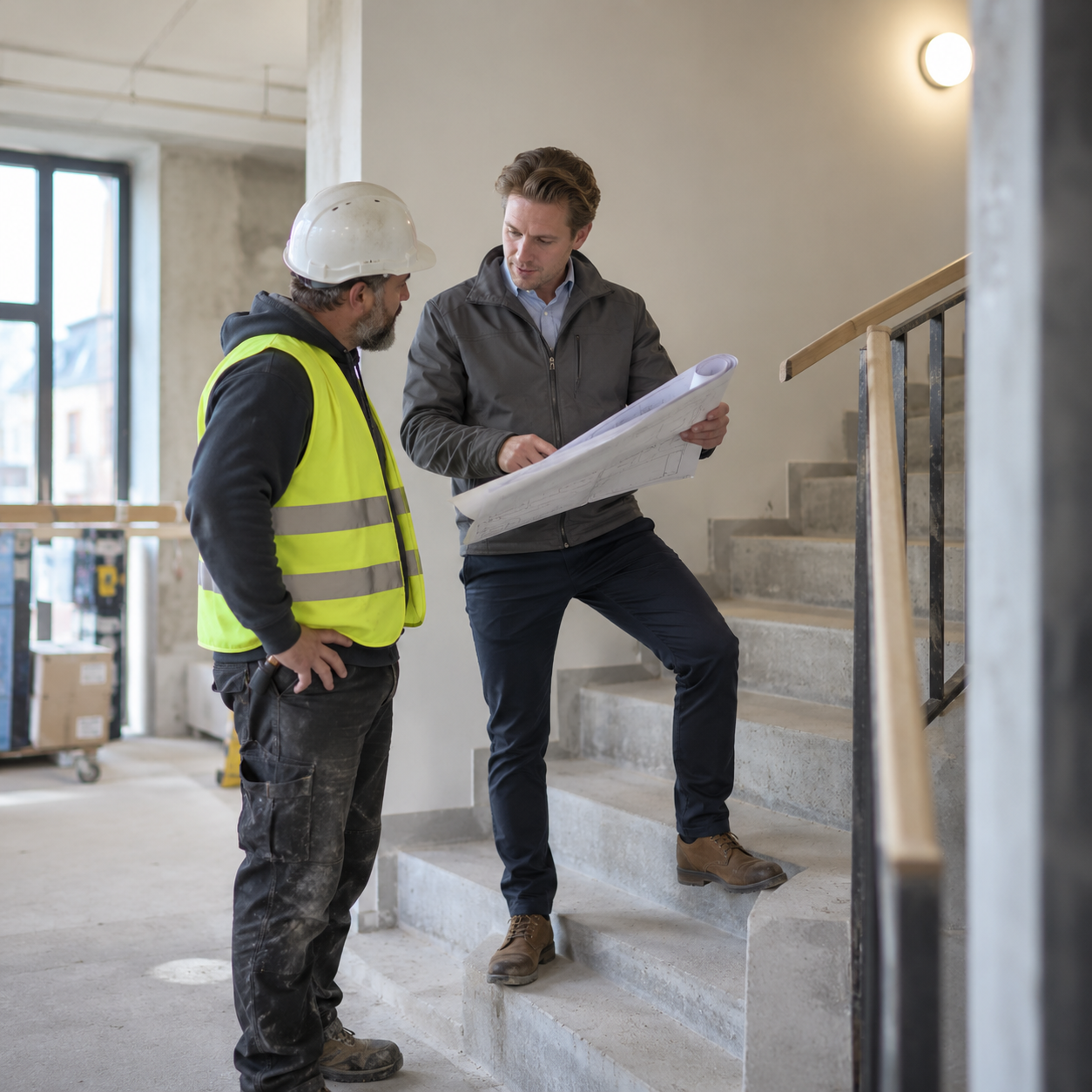 Bautechnische Besprechung mit Plan auf einer Baustelle
