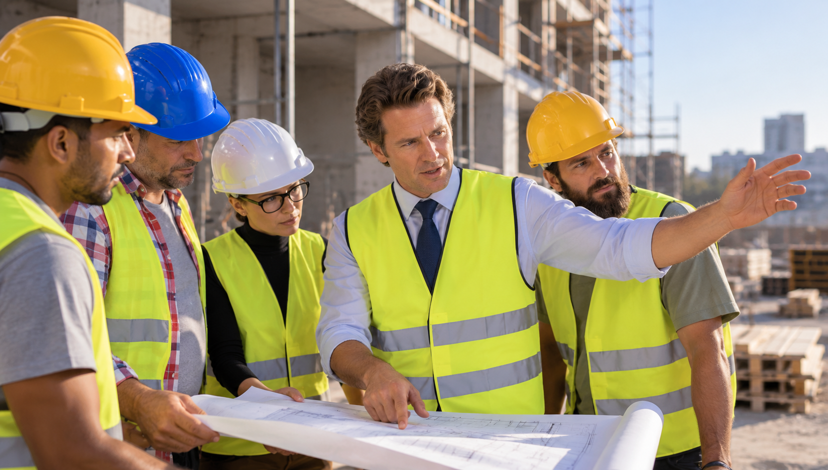 Sachverständiger erklärt bautechnische Details auf einer Baustelle